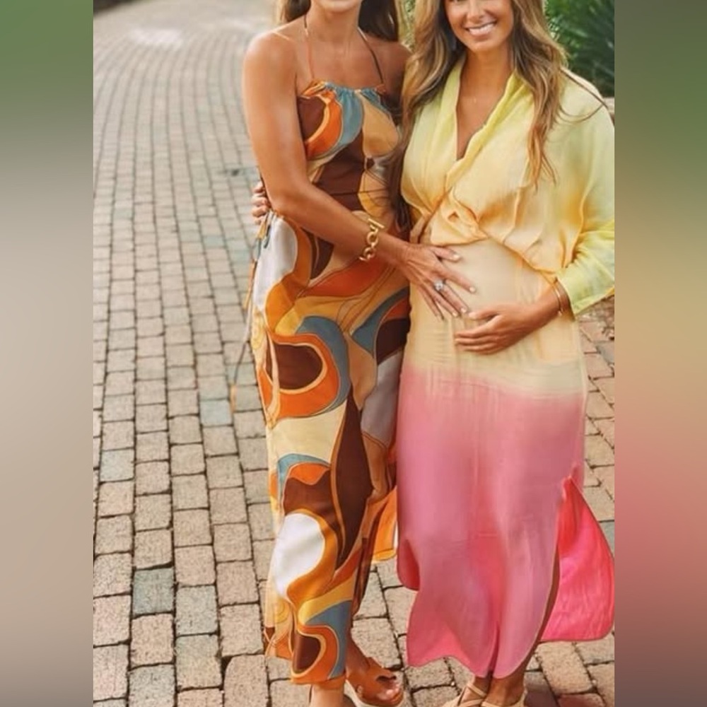 SIR | Cotton Silk Blue Yellow and Brown Halter Dress